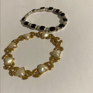 Vintage heart shaped faux pearl gold link & Liz Claiborne Silver Black bracelet